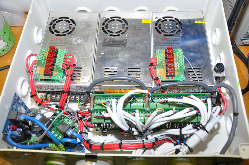 This is the DMX West box containing a 350w 24v PSU, 350w 12v PSU and 300w 5v PSU, 2 DMX Splitters and a pDMX setup, along with a pair of 27 channel DMX Boards