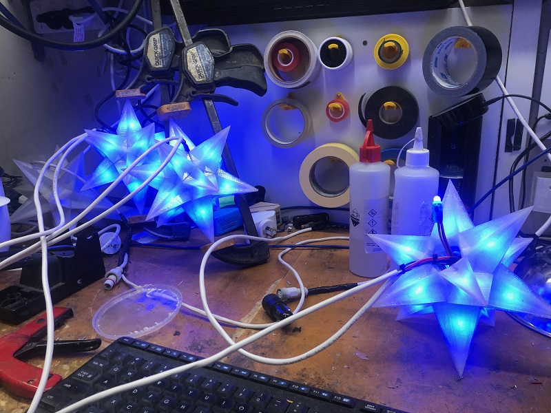 The last of the 12 point 3D Printed stars. These took many weeks to print the parts, and have finally been completed and are ready to put in storage waiting for Christmas